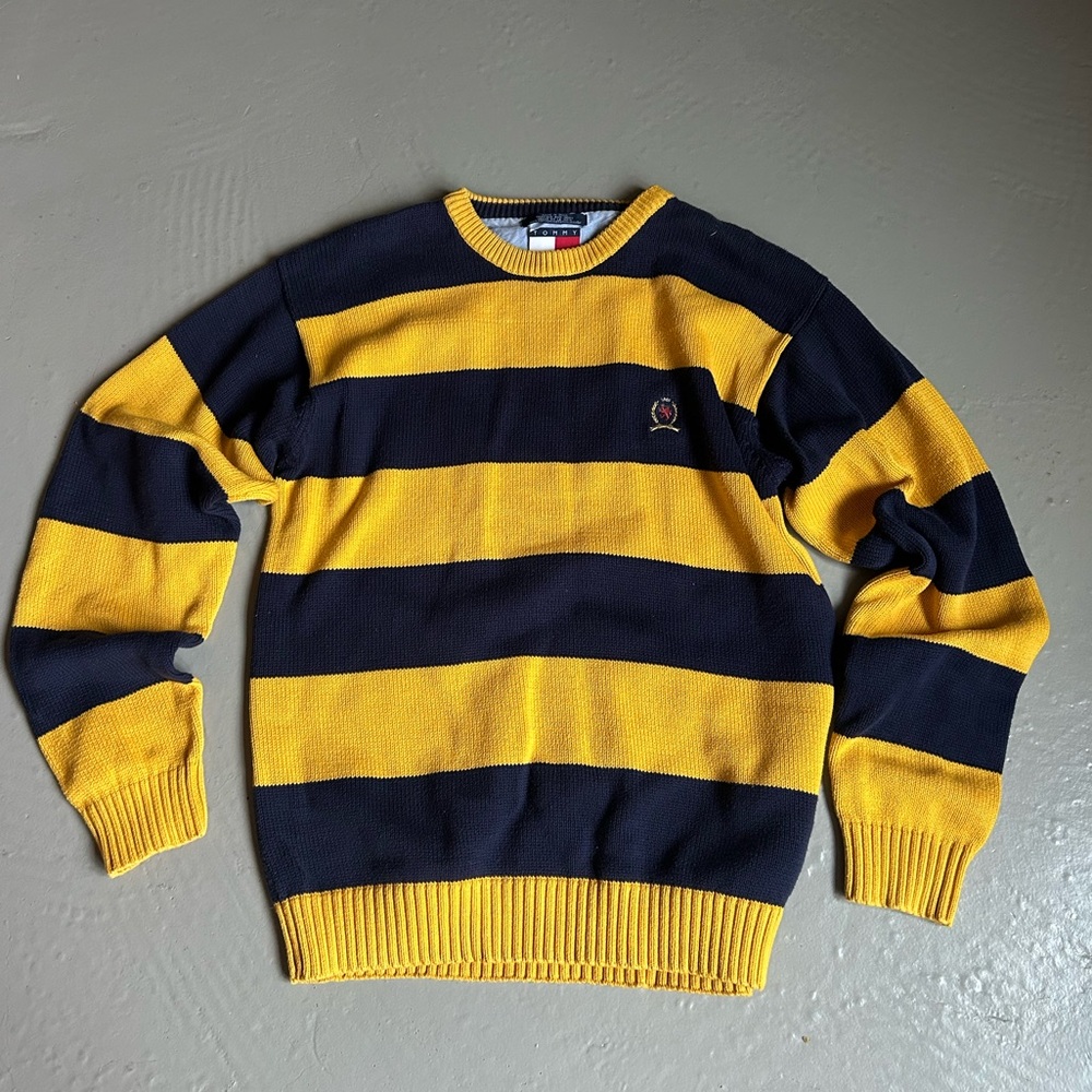 Tommy Hilfiger Men's Yellow and Blue Striped Knit Sweater